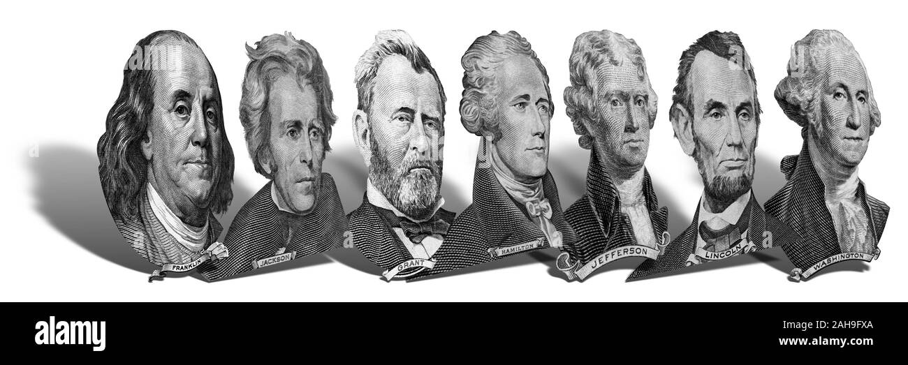 Portraits of America presidents and politicians from dollars isolated on white background. Photo at an angle of 45 degrees, with a shadow. Stock Photo
