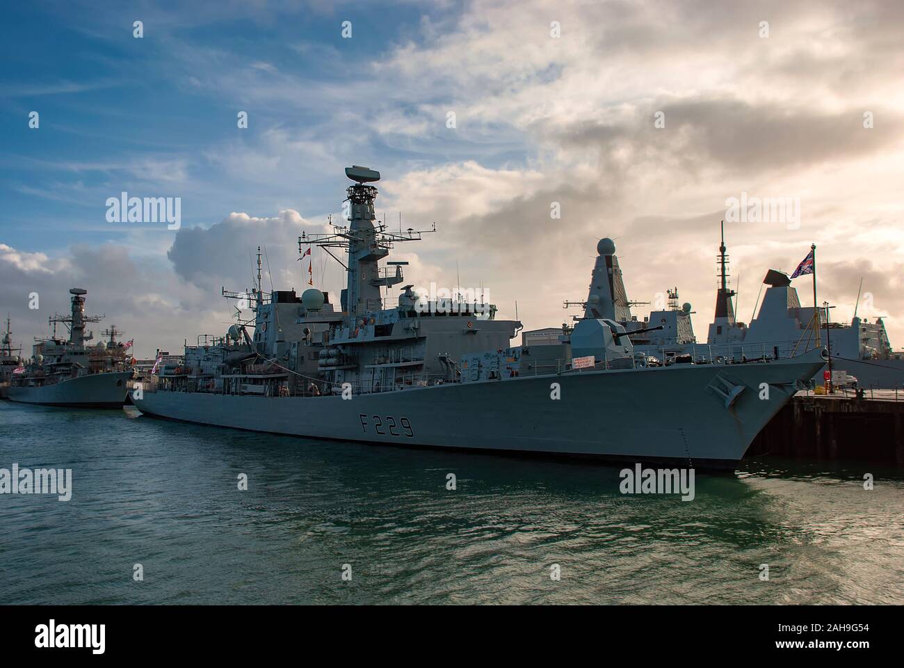 The Royal Navy Frigate HMS Lancaster (F229) moored in Portsmouth, UK