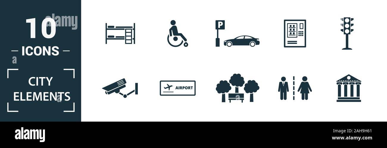 City Elements icon set. Include creative elements restroom sign, public ...