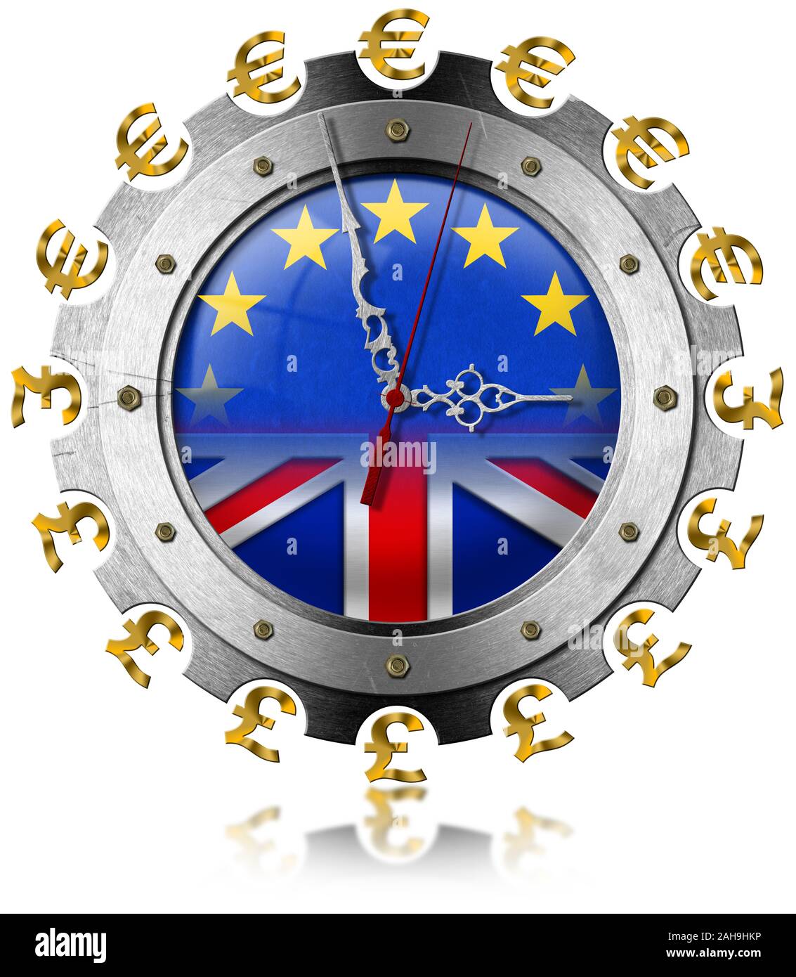 Brexit concept, 3D illustration. UK leaving the European Union. Clock with UE and English flag, Euro and pound sterling symbol. Isolated on white Stock Photo