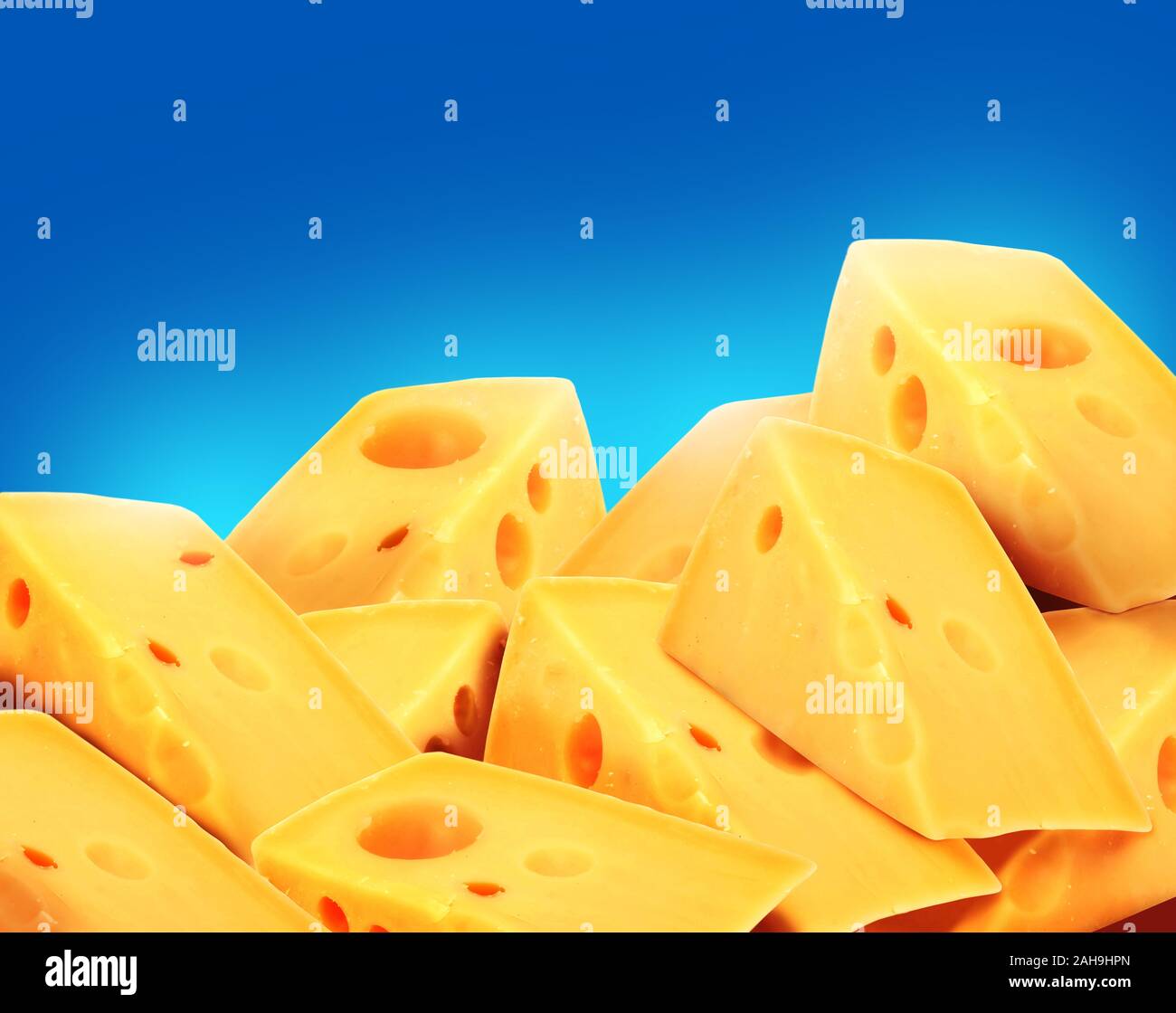 Triangular swiss cheeses in a blue background Stock Photo