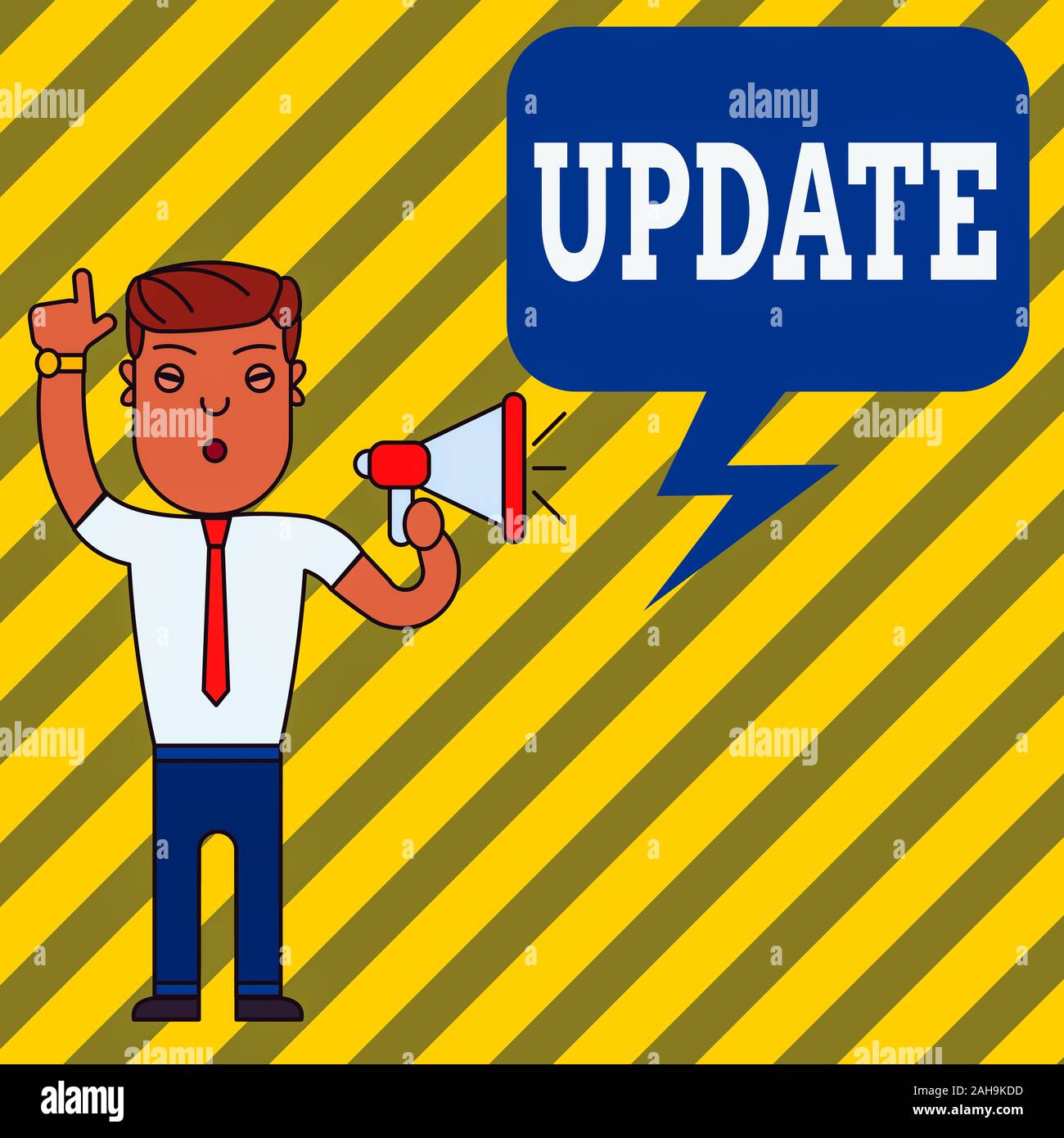 Word writing text Update. Business photo showcasing make something more modern or up to date like software programs Man Standing with Raised Right Ind Stock Photo