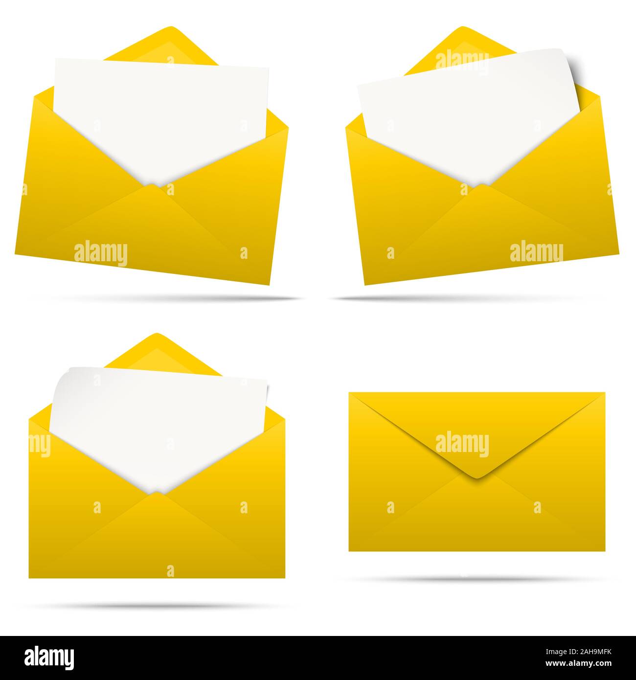 vector illustration with yellow colored envelopes with white empty paper isolated on white background Stock Vector