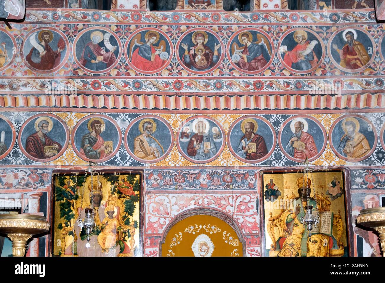Decorative interior of Snagov Monastery, the resting place of Vlad the Impaler Stock Photo