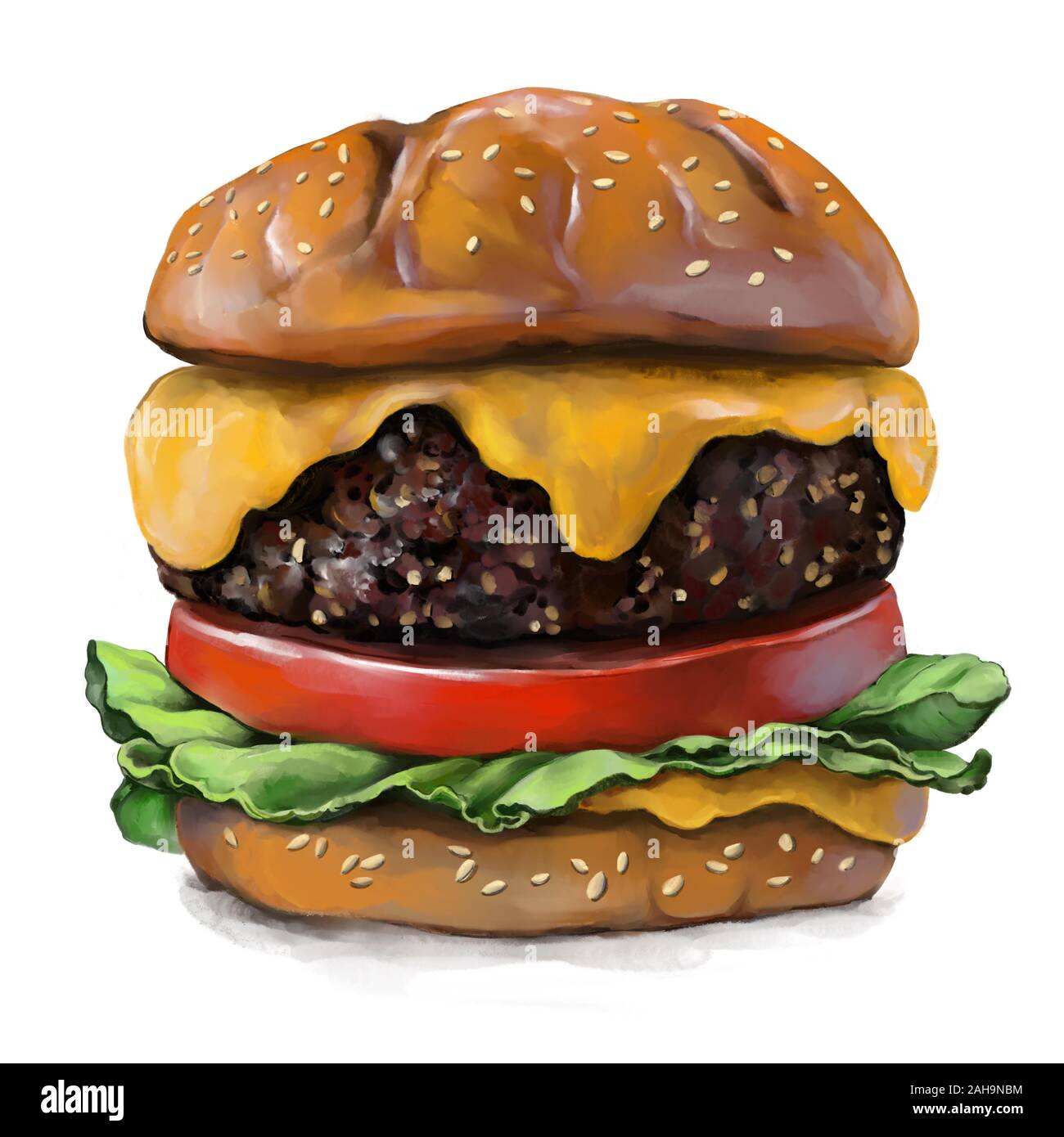 big burger, hamburger hand drawn illustration realistic sketch color, art illustration painted with watercolors isolated on white background. Stock Photo
