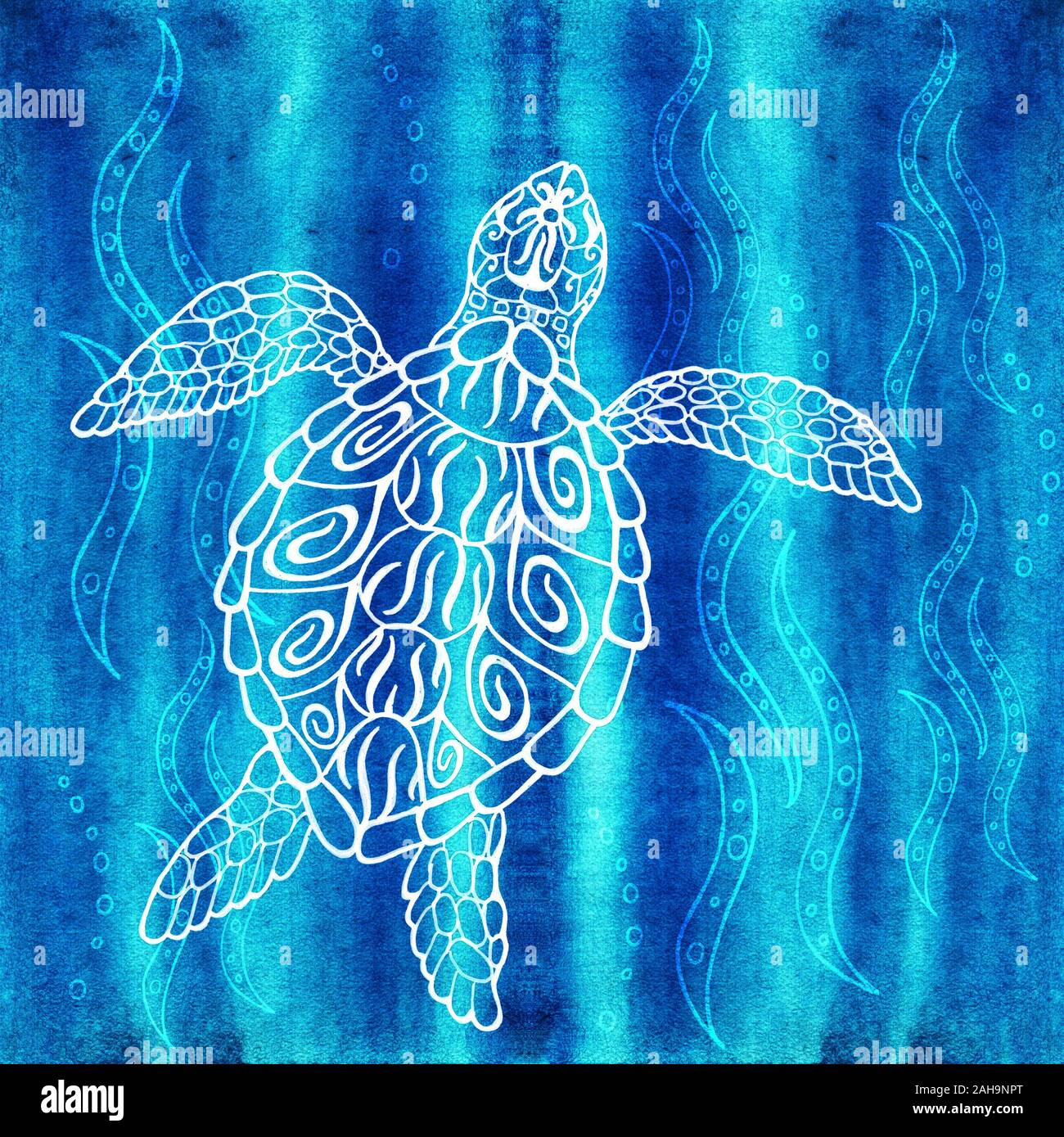 Sea turtle. Spirit Animal. Water plant. Texture blue background Stock Photo  - Alamy