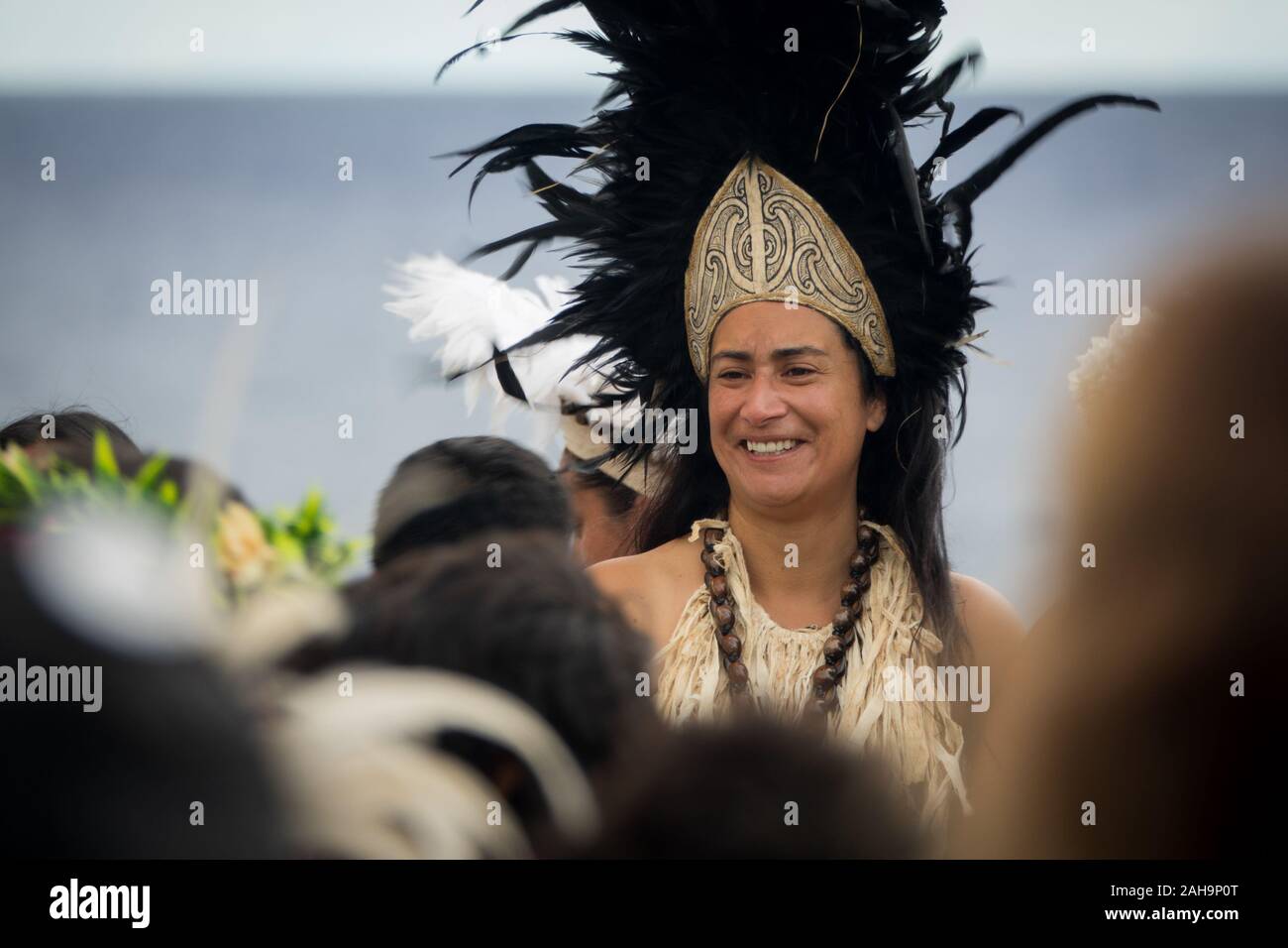 Rapa Nui historic boat arrives to Anakena beach, the reception Stock ...