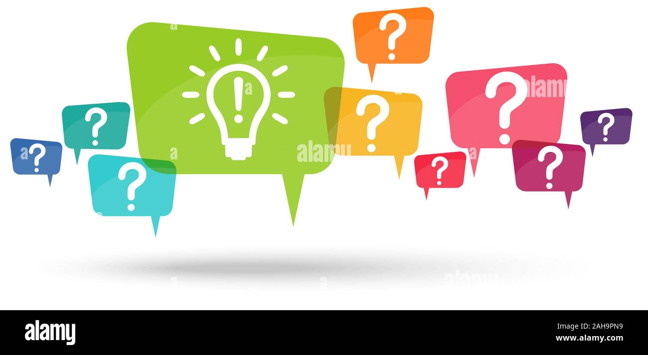 speech bubbles with colored question marks and with green light bulb symbolizing idea or solution Stock Vector