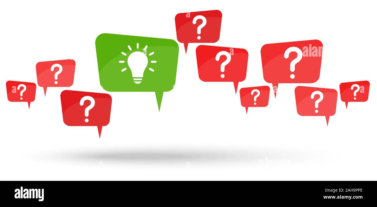 speech bubbles with red question marks and with green light bulb symbolizing idea or solution Stock Vector