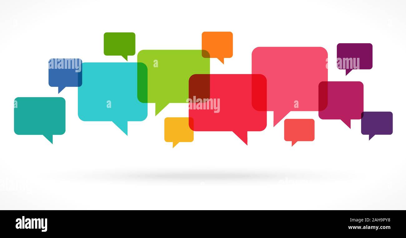 illustration of colored speech bubbles in a row with space for text ...