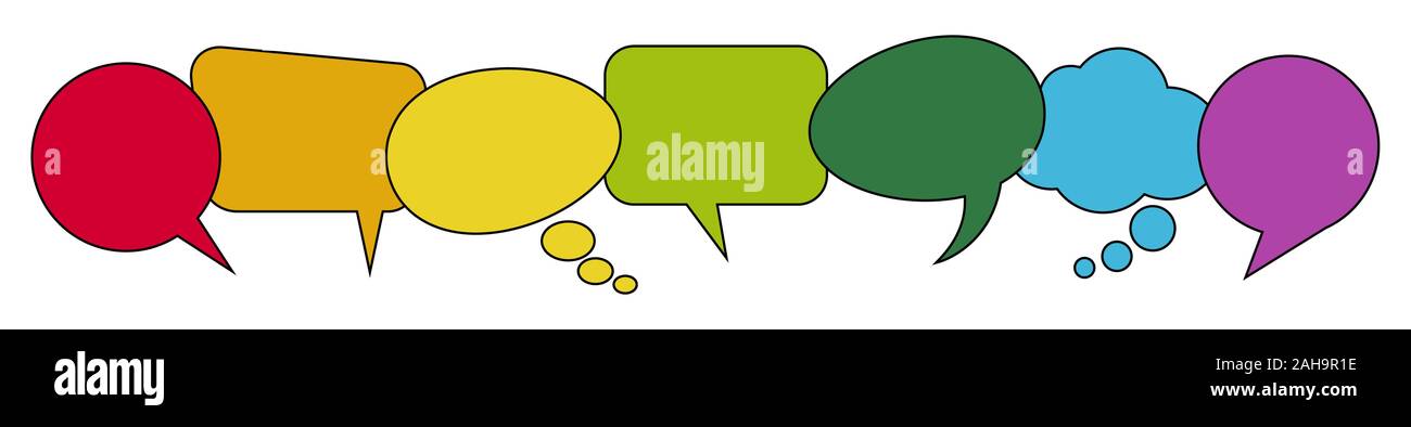 illustration of colored speech bubbles in a row with space for text ...