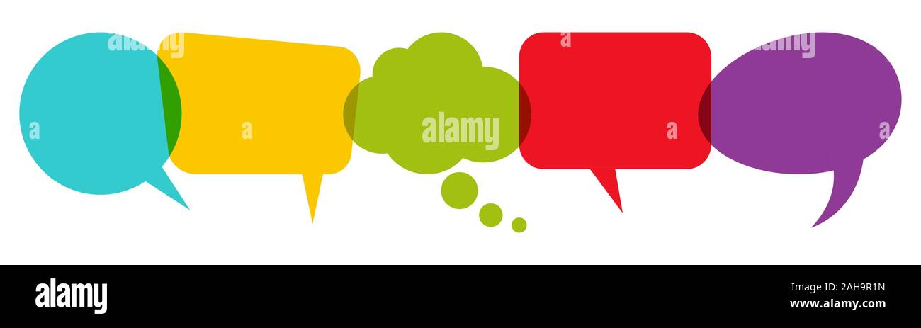 illustration of colored speech bubbles in a row with space for text ...
