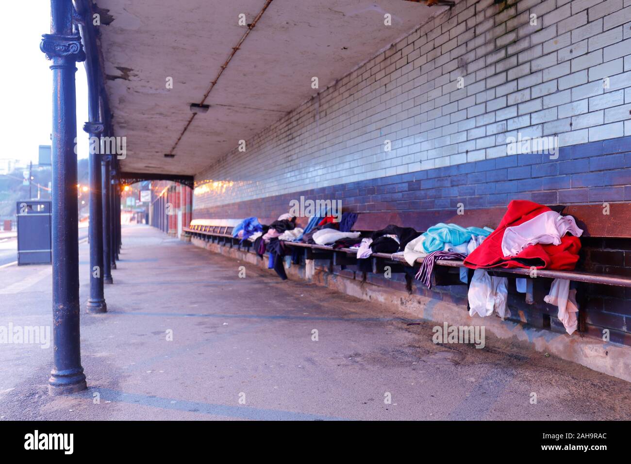Clothing left out on benches for the homeless people of Scarborough