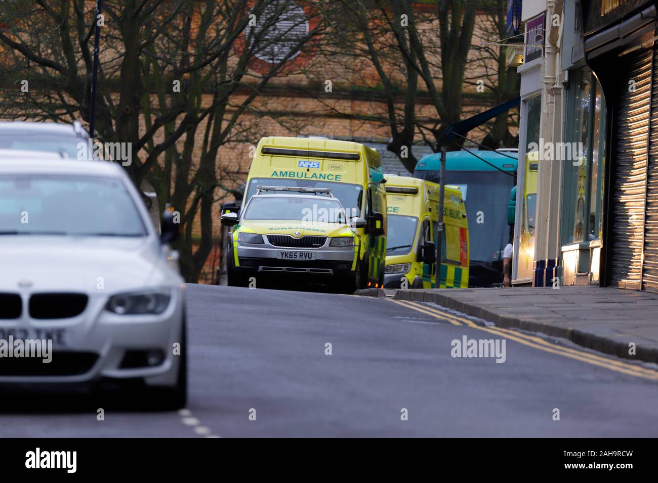 Emergency ambulances parked outside the Royal Hotel in Scarborough. Stock Photo