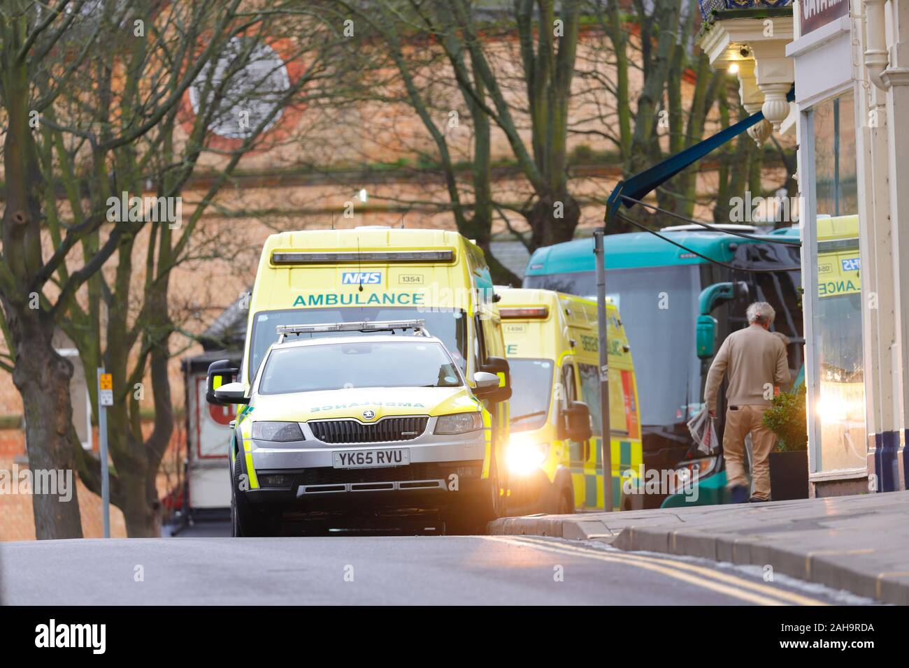 Emergency ambulances parked outside the Royal Hotel in Scarborough. Stock Photo