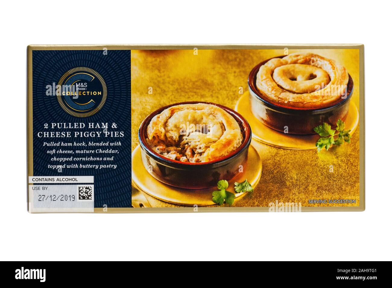 2 pulled ham & cheese piggy pies from M&S food collection isolated on white background Stock Photo