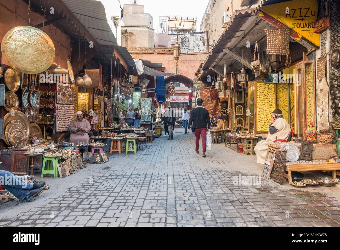 Moroccan crafts offered at Marrakech Souk Market, Medina, Marrakech, Morocco. Stock Photo