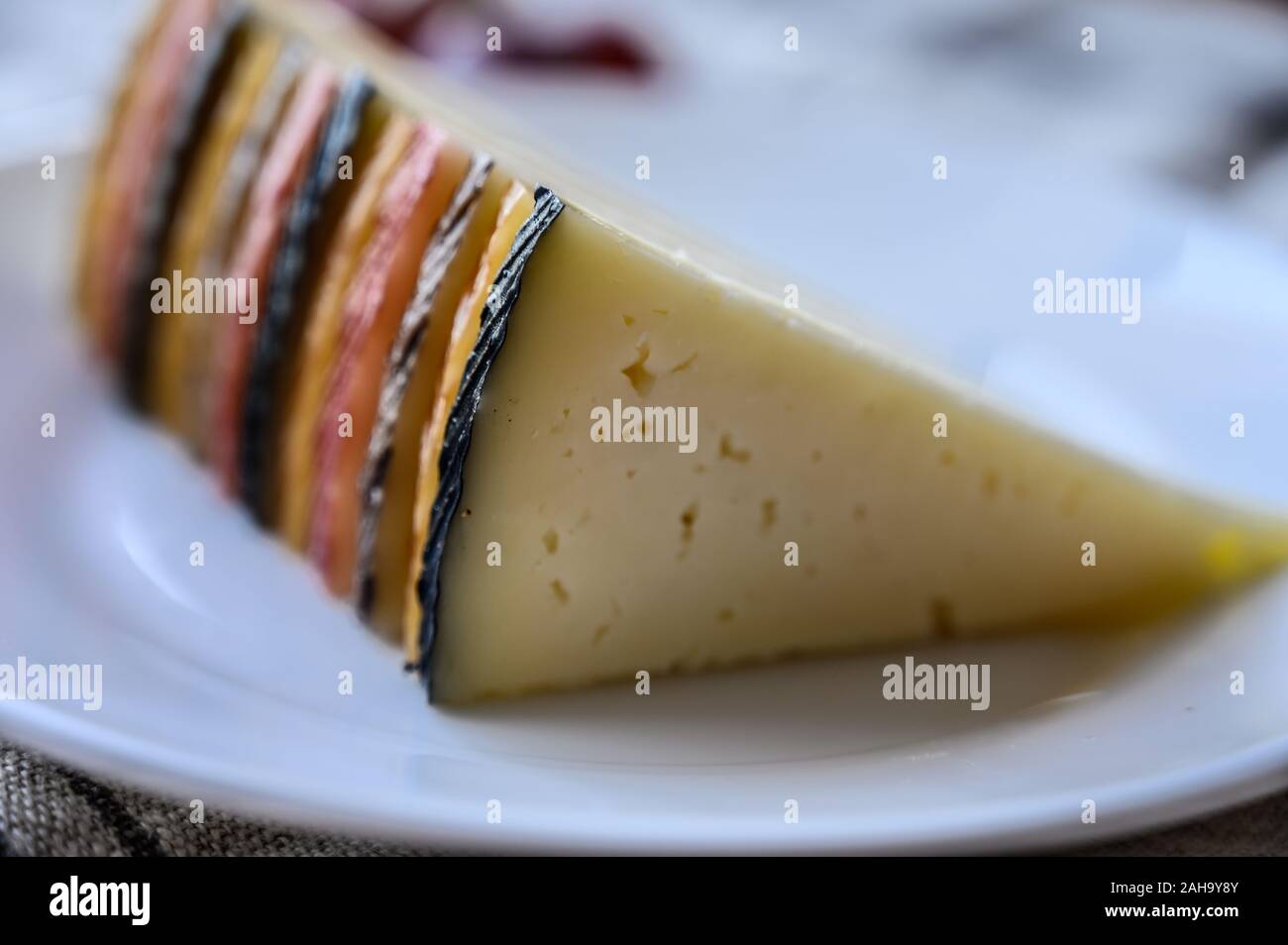 Cheese collection, variety of Spanish manchego cheese made from cow and goat milk close up Stock