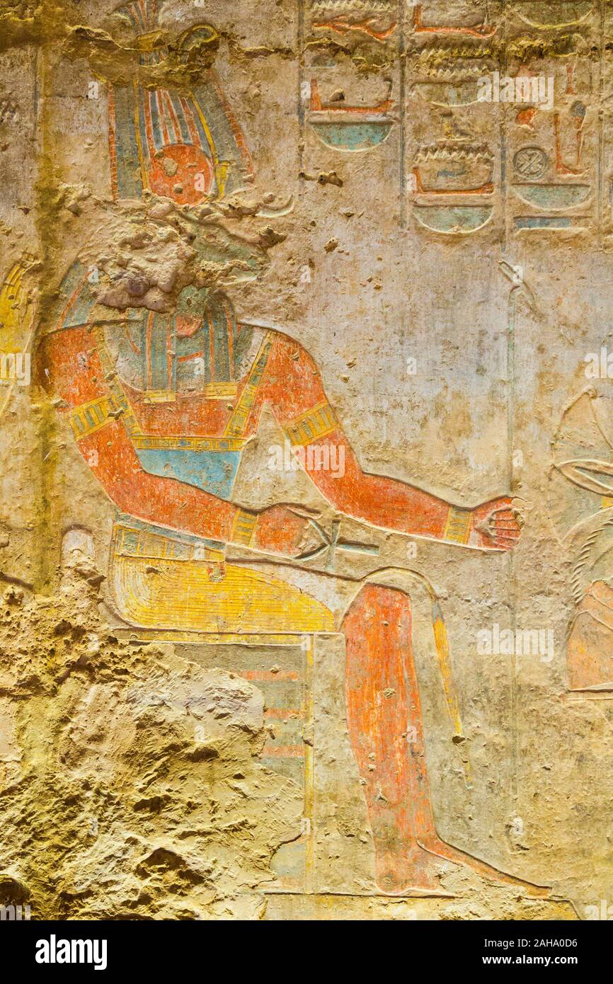 Egypte, temple of Beit el Wali, on Kalabsha Island, lake Nasser. Early construction of Ramses II, saved by UNESCO. The god Khnum, seated on a throne. Stock Photo