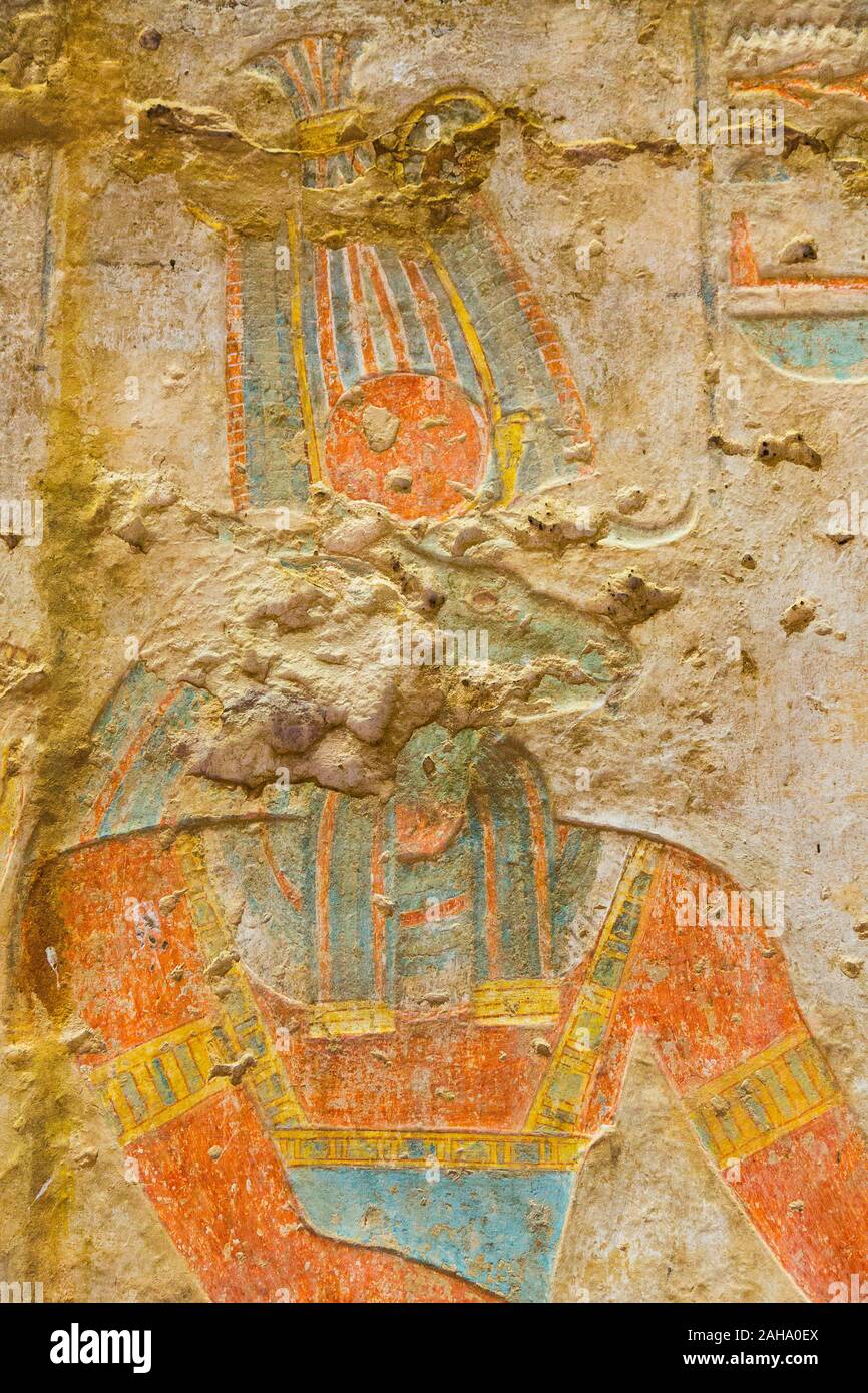 Egypte, temple of Beit el Wali, on Kalabsha Island, lake Nasser. Early construction of Ramses II, saved by UNESCO. The god Khnum, seated on a throne. Stock Photo