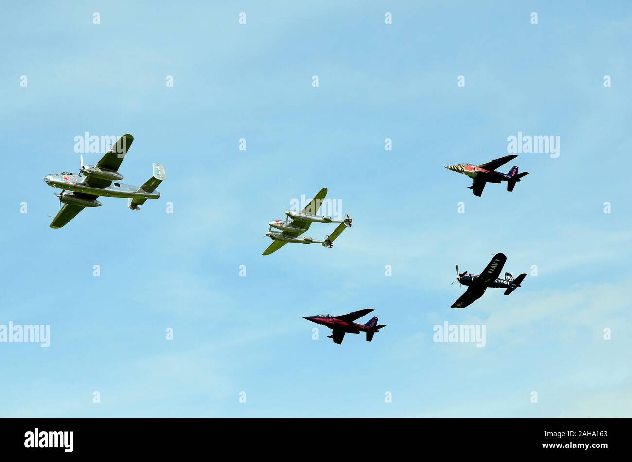 Zeltweg, Styria, Austria - September 02, 2016:  formation flight of Flying Bulls with Alpha Jet and vintage WWII fighter aircrafts P38 Lockheed, B-25 Stock Photo