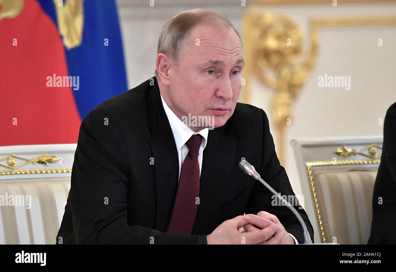 Russian President Vladimir Putin during a meeting with Business Leaders at the Kremlin December 25, 2019 in Moscow, Russia. Stock Photo