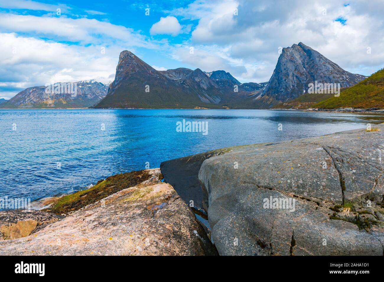 The landscape view of Senja Island by Rodsand beyond the Polar Circle ...