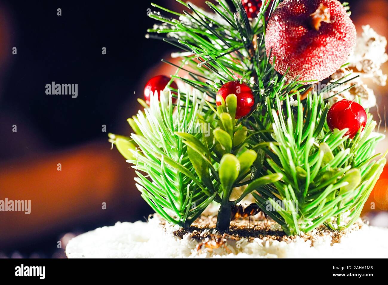 Happy new year artificial bonsai tree christmas composition background  Stock Photo - Alamy