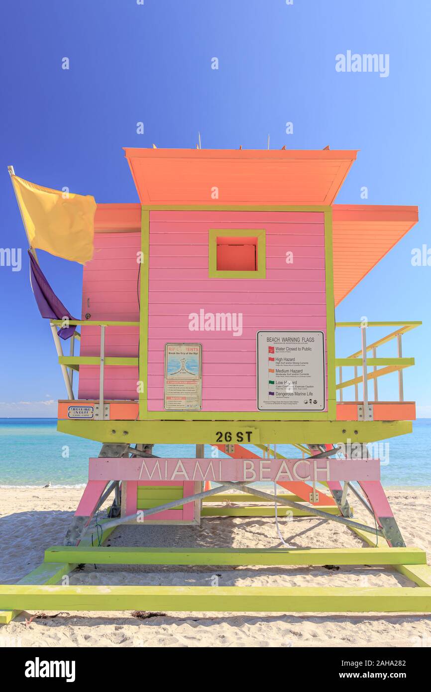 Colorful lifeguard hut at Miami Beach Stock Photo