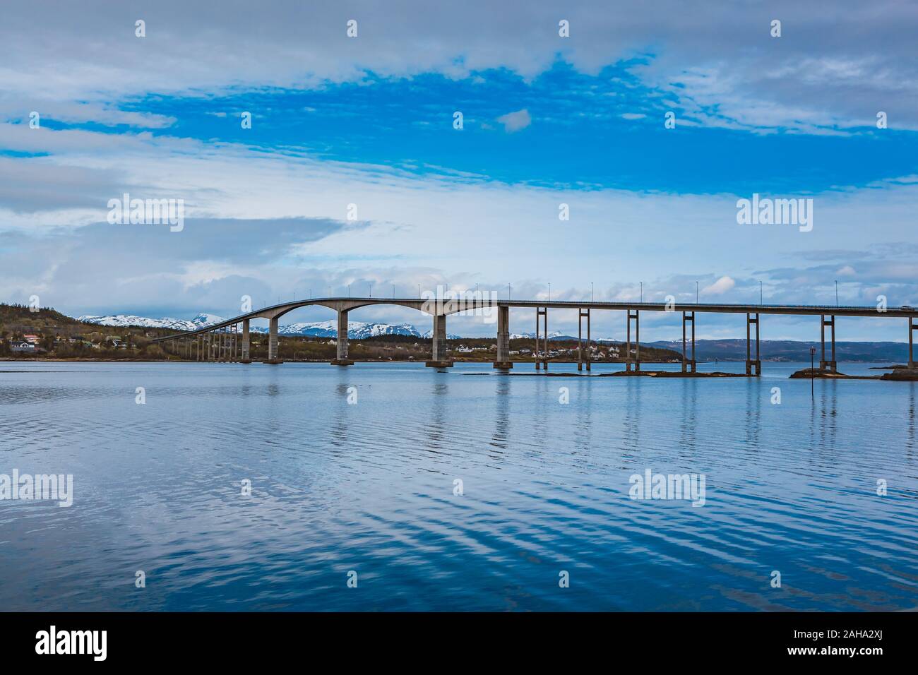 The bridge in Finnsnes town on Senja Island beyond the Polar Circle in Norway Stock Photo