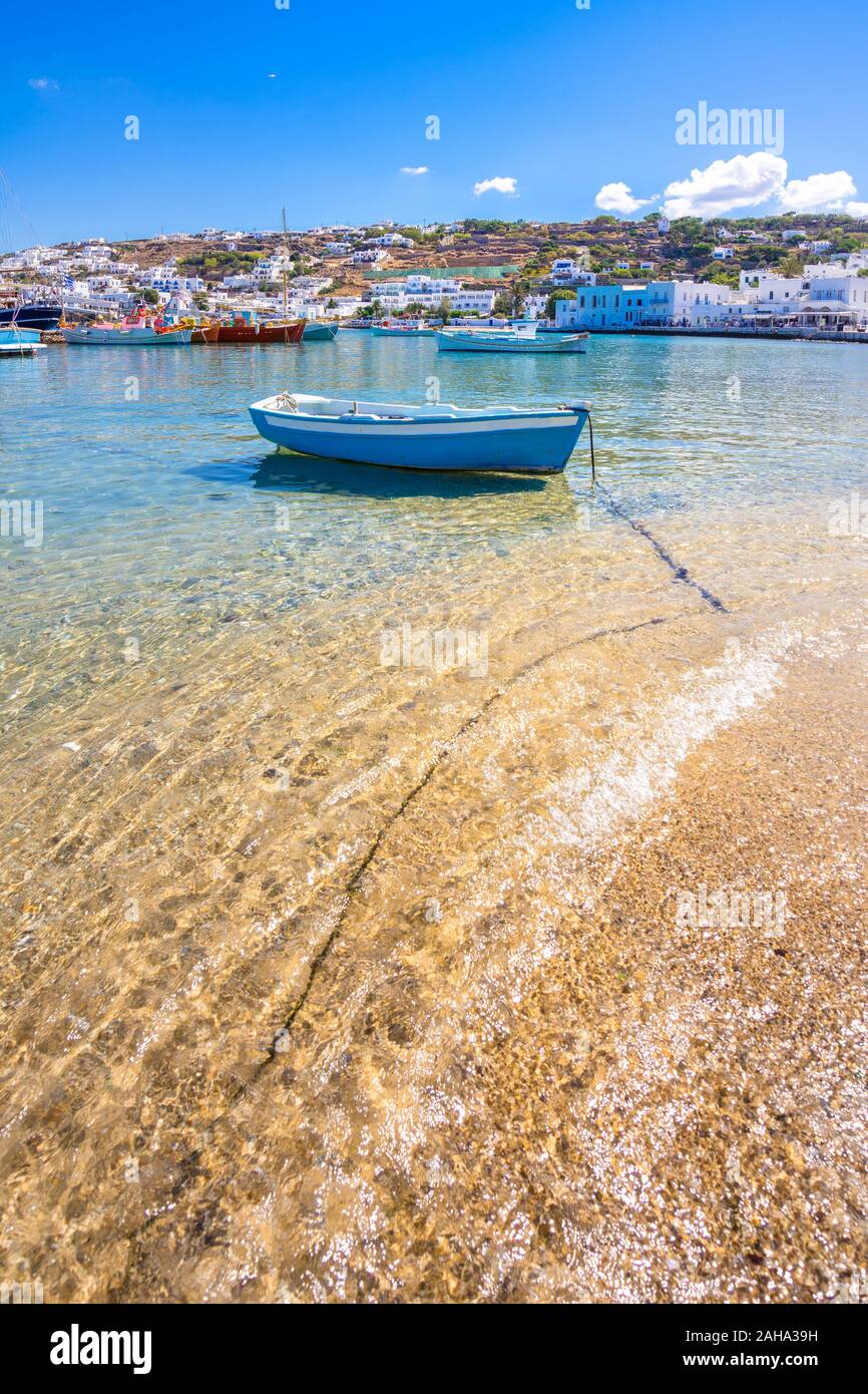 Mykonos port with boats, Cyclades islands, Greece Stock Photo