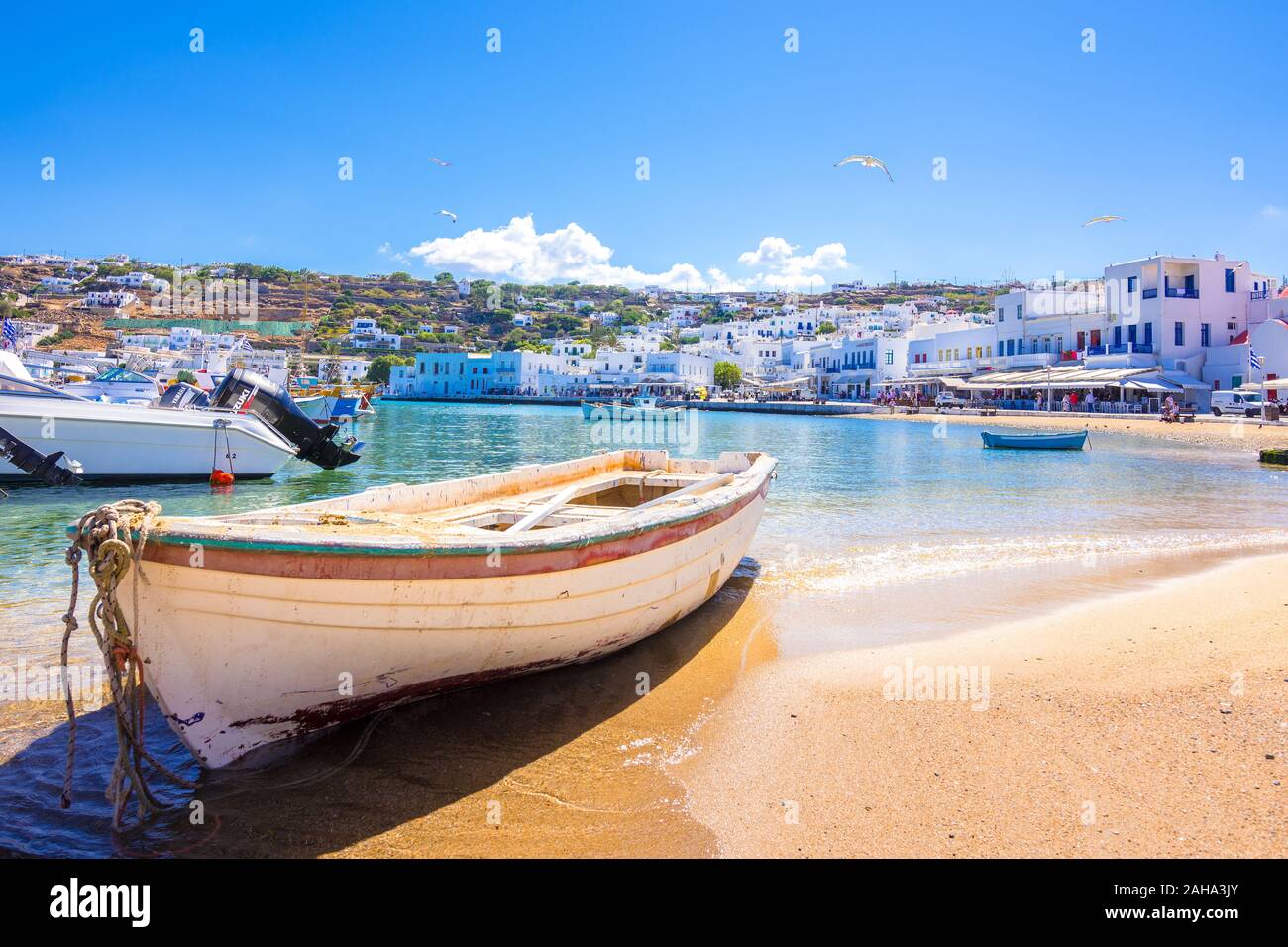 Mykonos port with boats, Cyclades islands, Greece Stock Photo