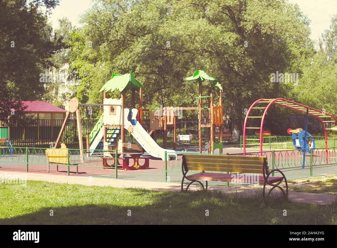 Summer colorful playground outdoors activity equipment background Stock