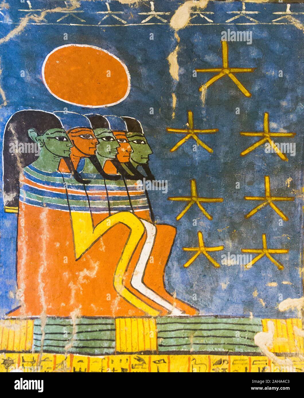 UNESCO World Heritage, Thebes in Egypt,  Deir el Medineh, tomb of Irynefer, Gods and stars, on a dark blue sky. Stock Photo