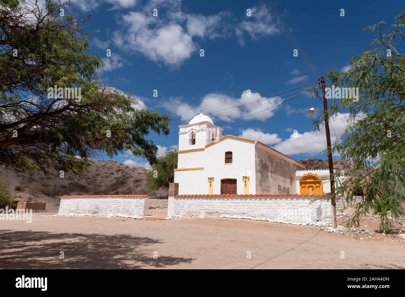 A white painted Catholic Church in La Merced, a village on Route 40, north of Cafayete.  Capilla Nuestra Señora de la Merced. Stock Photo