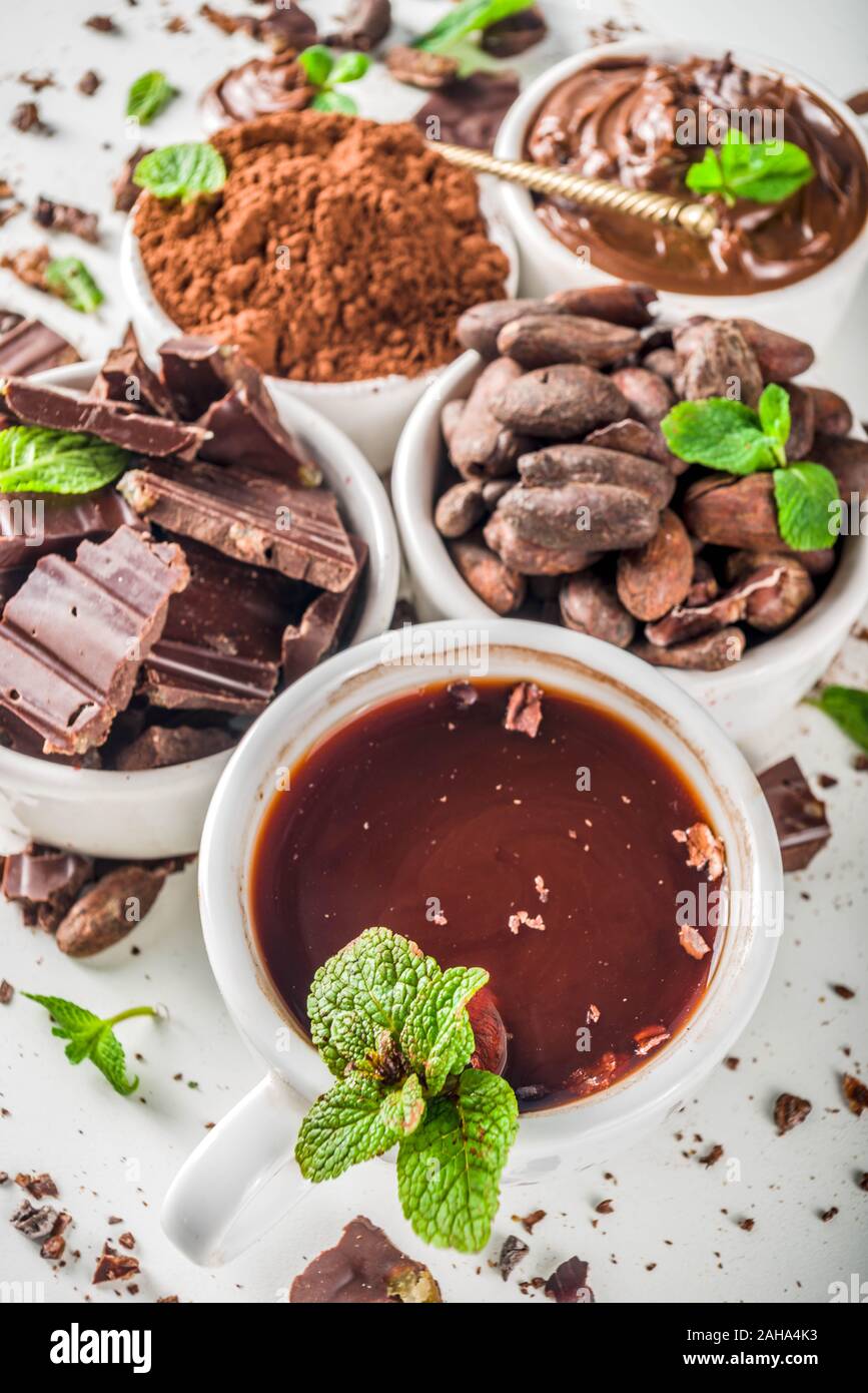 Different conditions of cocoa. Various cocoa beans, beans, ground