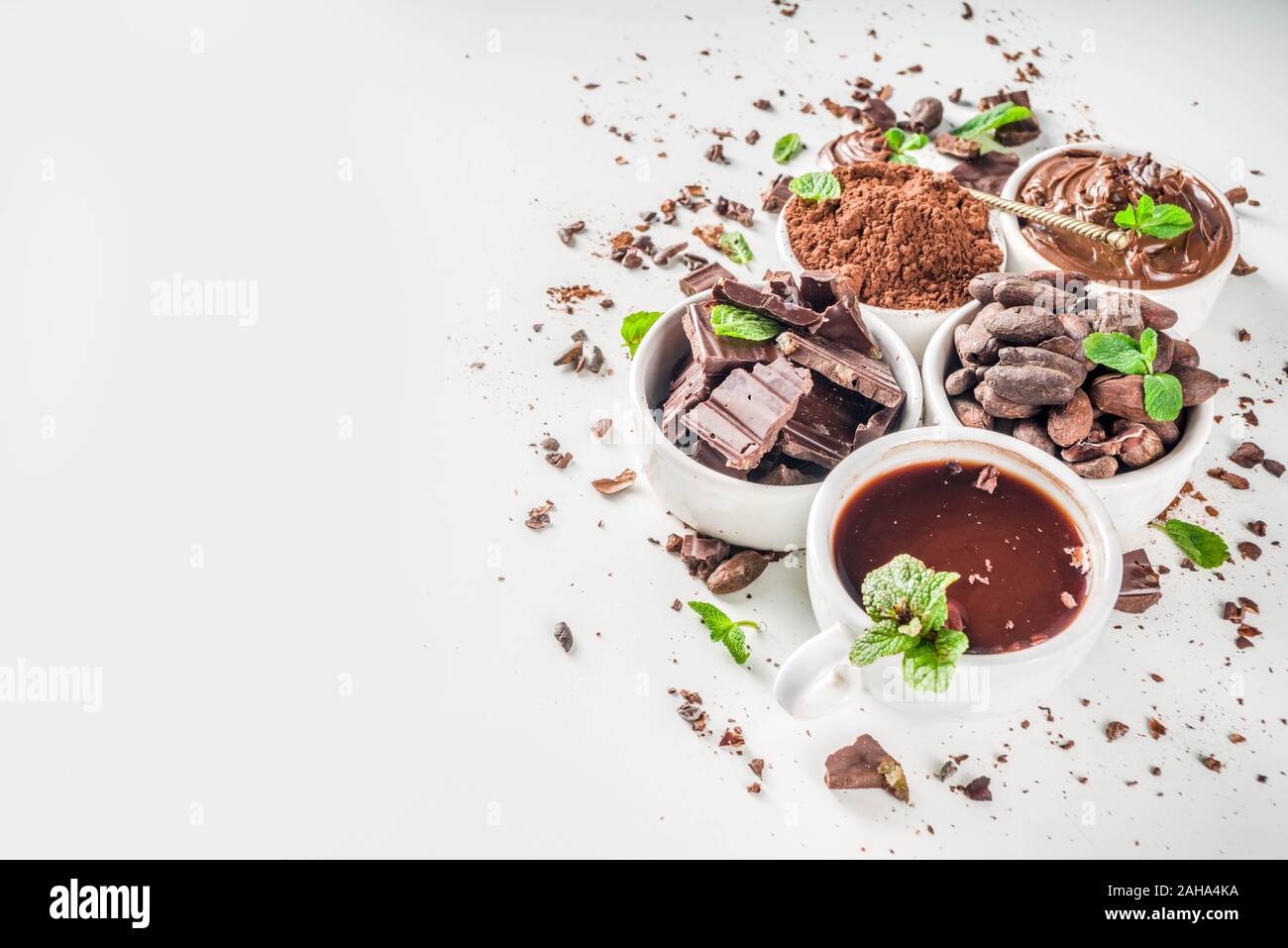 Different conditions of cocoa. Various cocoa - beans, beans, ground, crushed cocoa powder, chocolate paste, chocolate pieces and hot chocolate in a cu Stock Photo