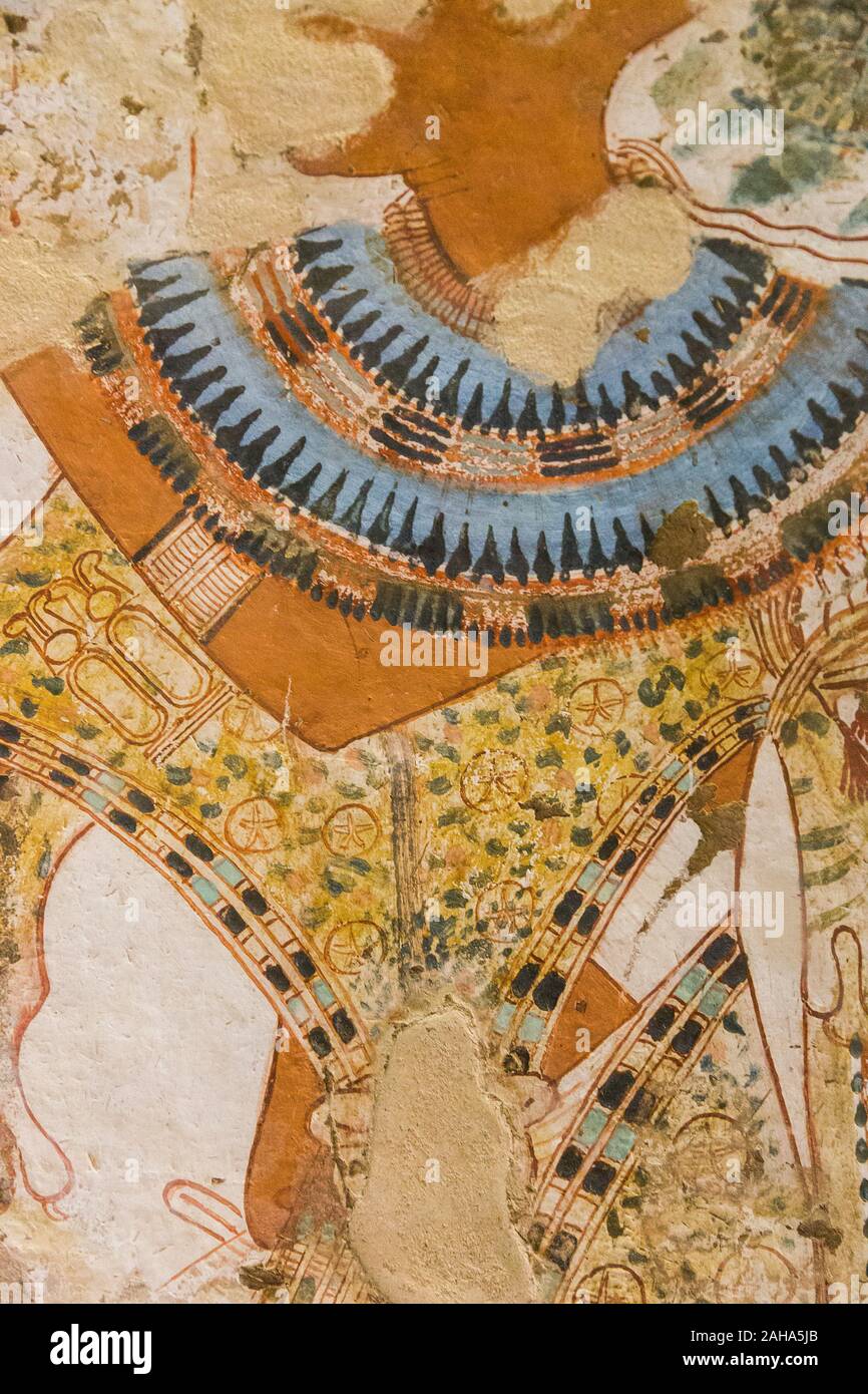 UNESCO World Heritage, Thebes in Egypt, Valley of the Nobles, tomb of Userhat (number 51).  Detail of a costume : Bracelet, collar and a panther skin. Stock Photo