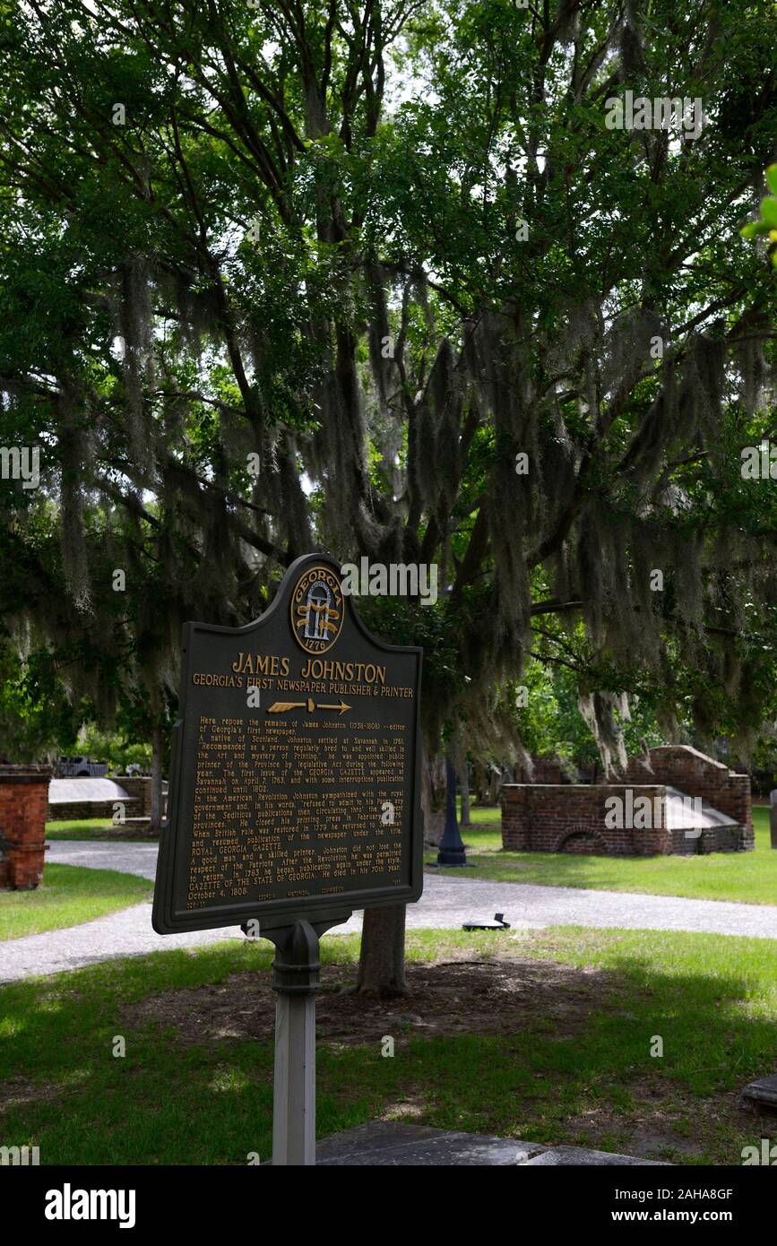 James Johnston grave,grave site,burial site,historical marker,Colonial Park Cemetery,Savannah,Georgia,historic cemetery,burial ground,graves,graveyard Stock Photo