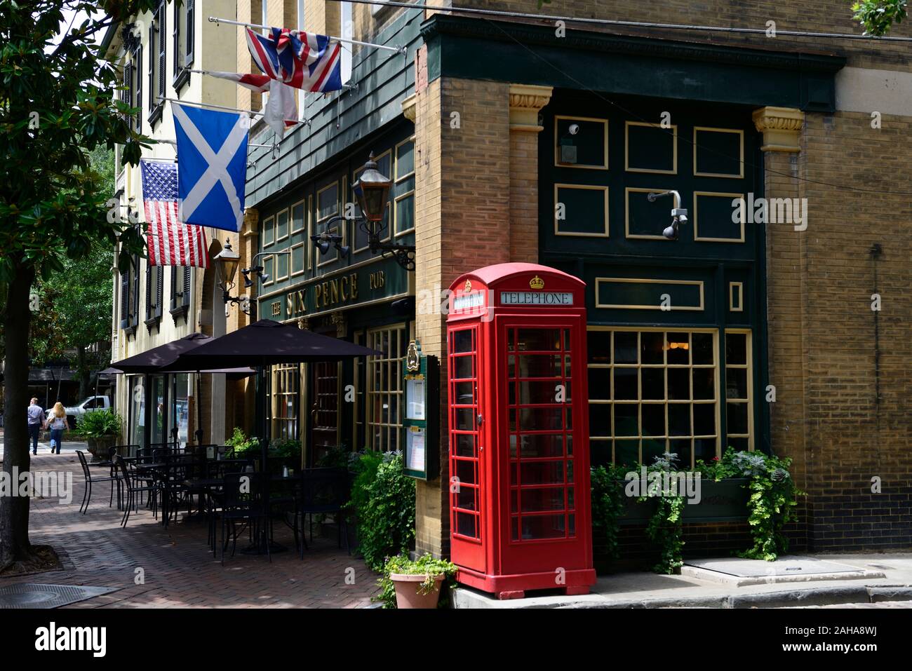 The Six Pence Pub,traditional english pub,british bar,red telephone box,savannah,georgia,RM USA Stock Photo