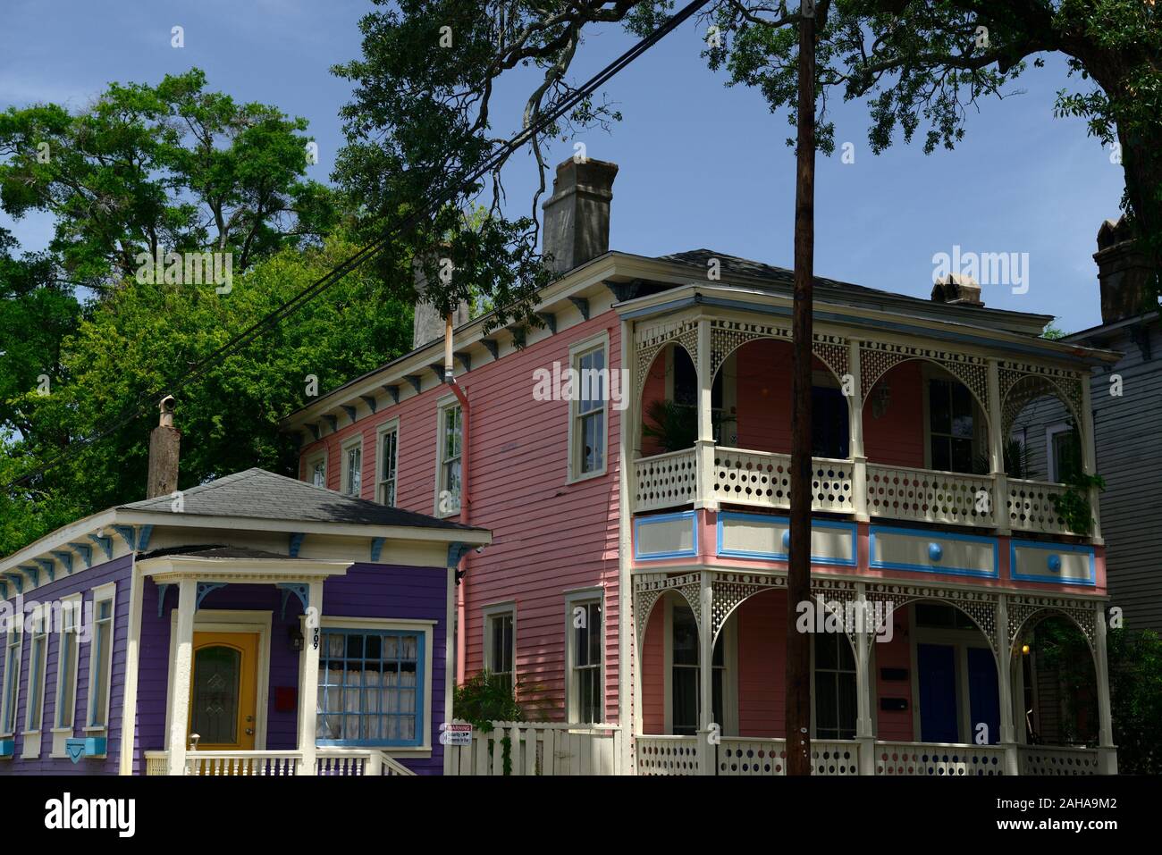Traditional historic gingerbread architecture, Historic District,Historic District,Victorian District,Drayton Street house,colorful,colourful houses,S Stock Photo