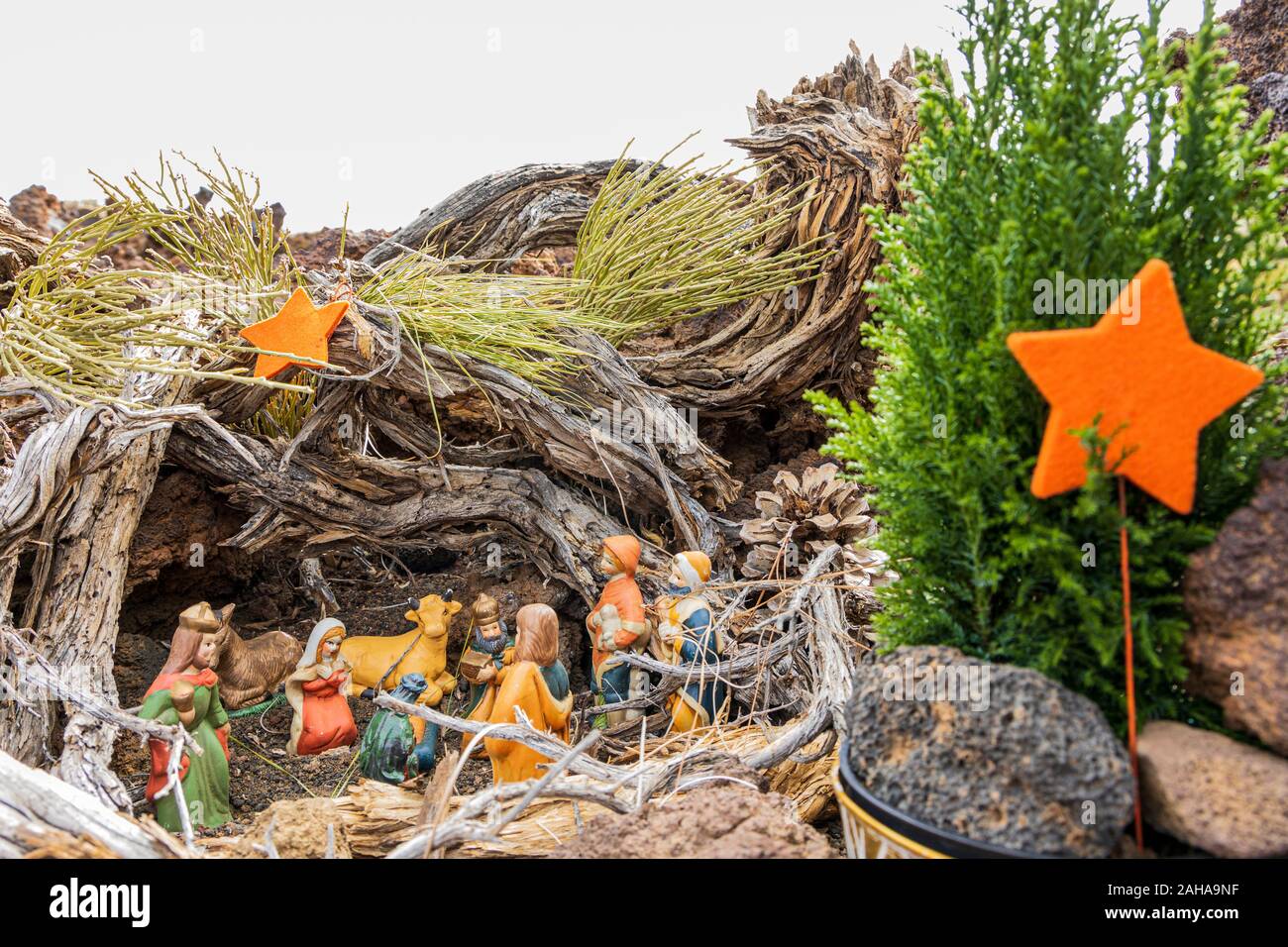 Nativity scene on the ground in the volcanic landscape of the Las Canadas del Teide national park, Tenerife, Canary Islands, Spain Stock Photo
