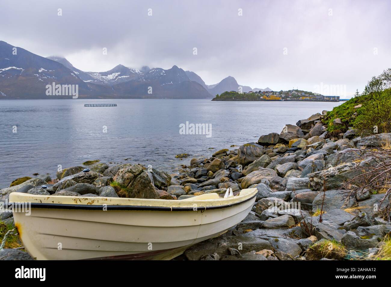 The landscape view of Senja Island with Husoy village in Norway Stock Photo