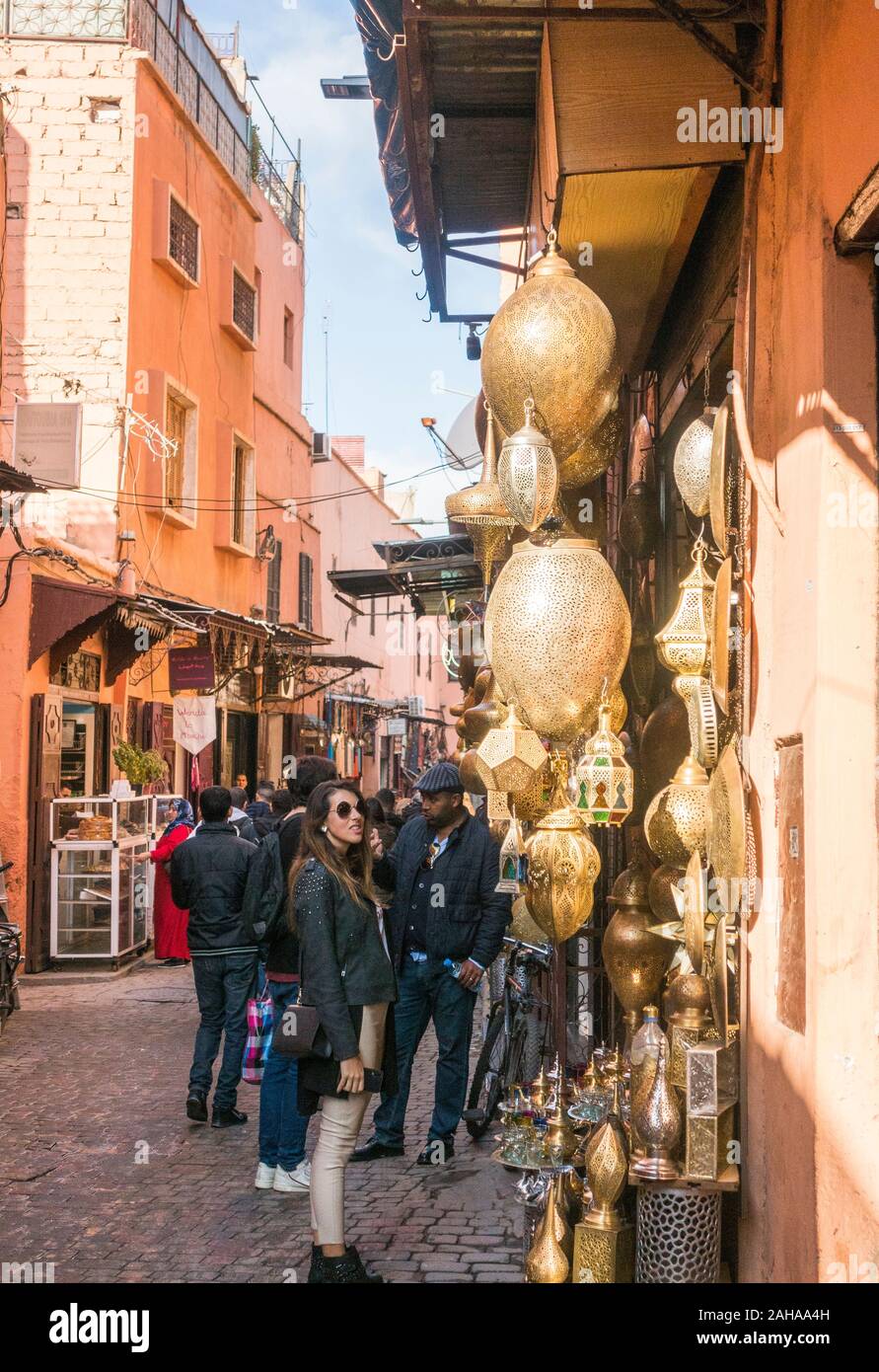 Kasbah, Marrakech,  shops displaying copper work, Morocco, northern Africa Stock Photo