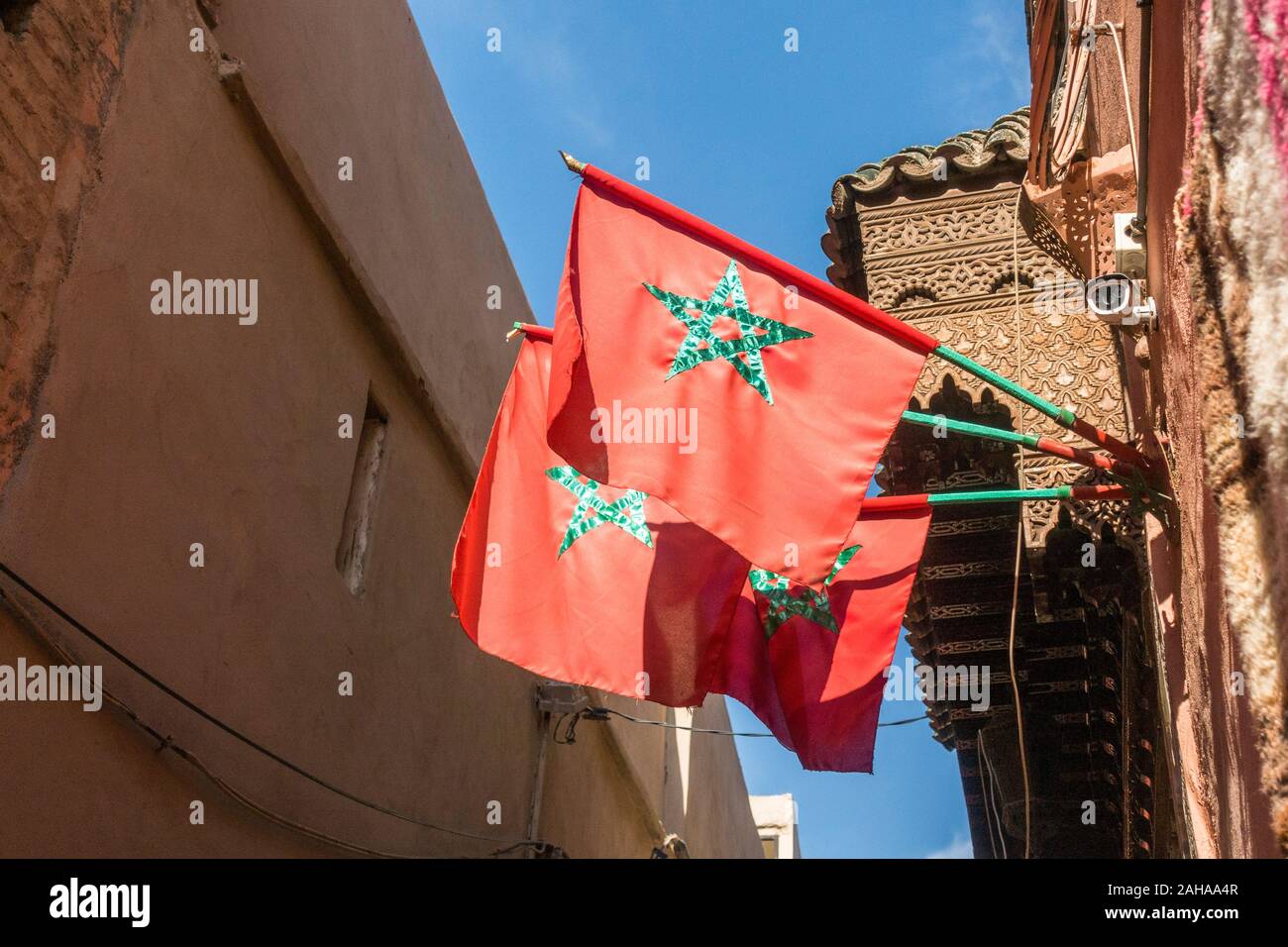 Three Moroccan Flags In A Street In The Medina Of Marrakesh Morocco North Africa Stock Photo