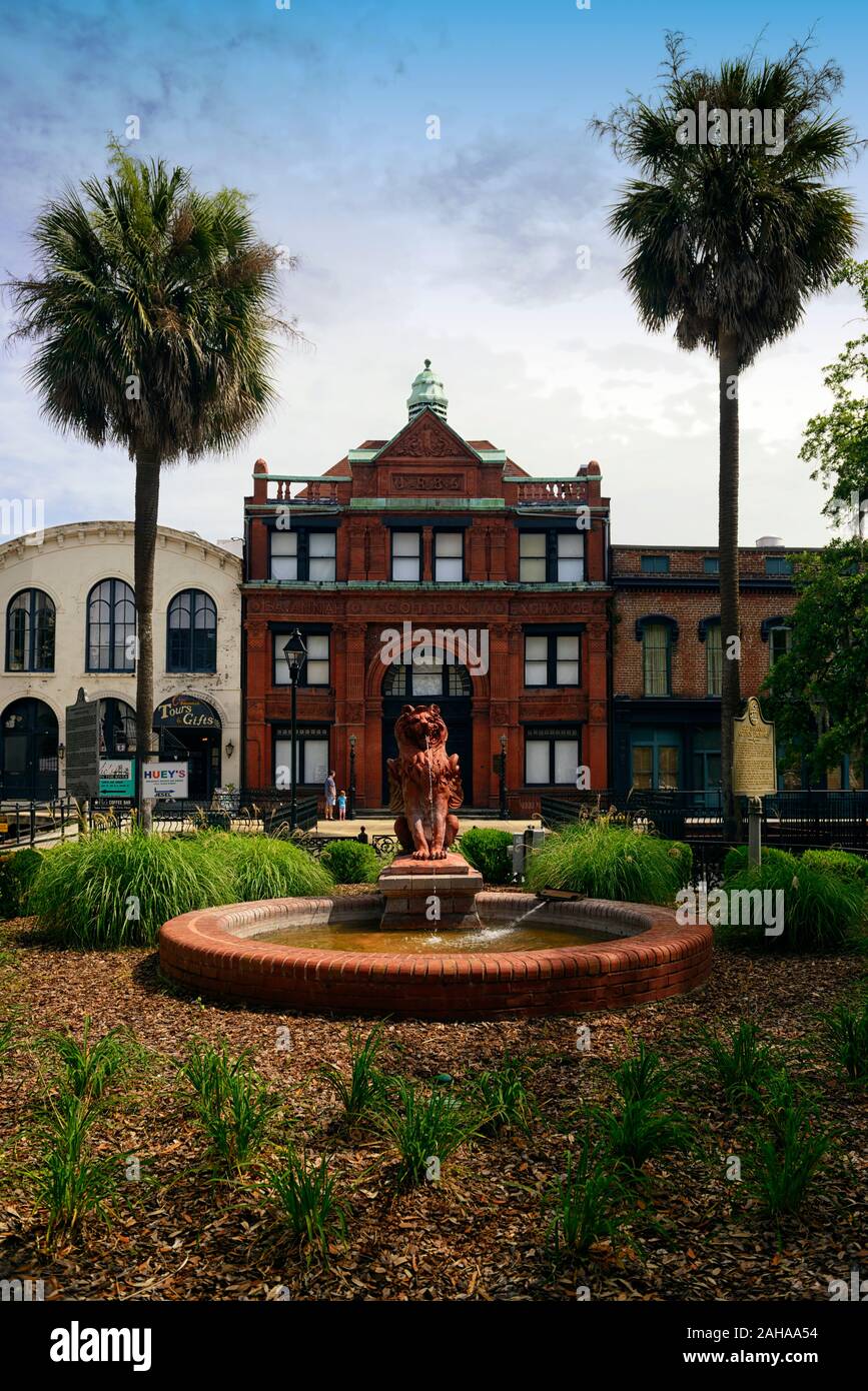 The Cotton Exchange Fountain,winged lion,griffin,red terra cotta