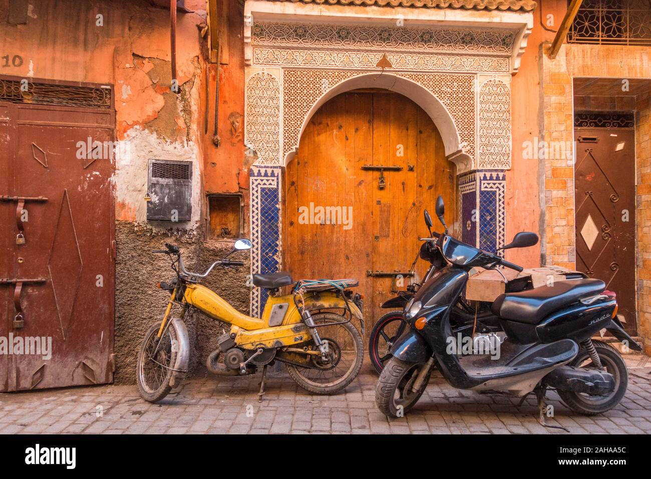 Scooters parked in the Medina area of Marrakech, Morocco, Arfica Stock
