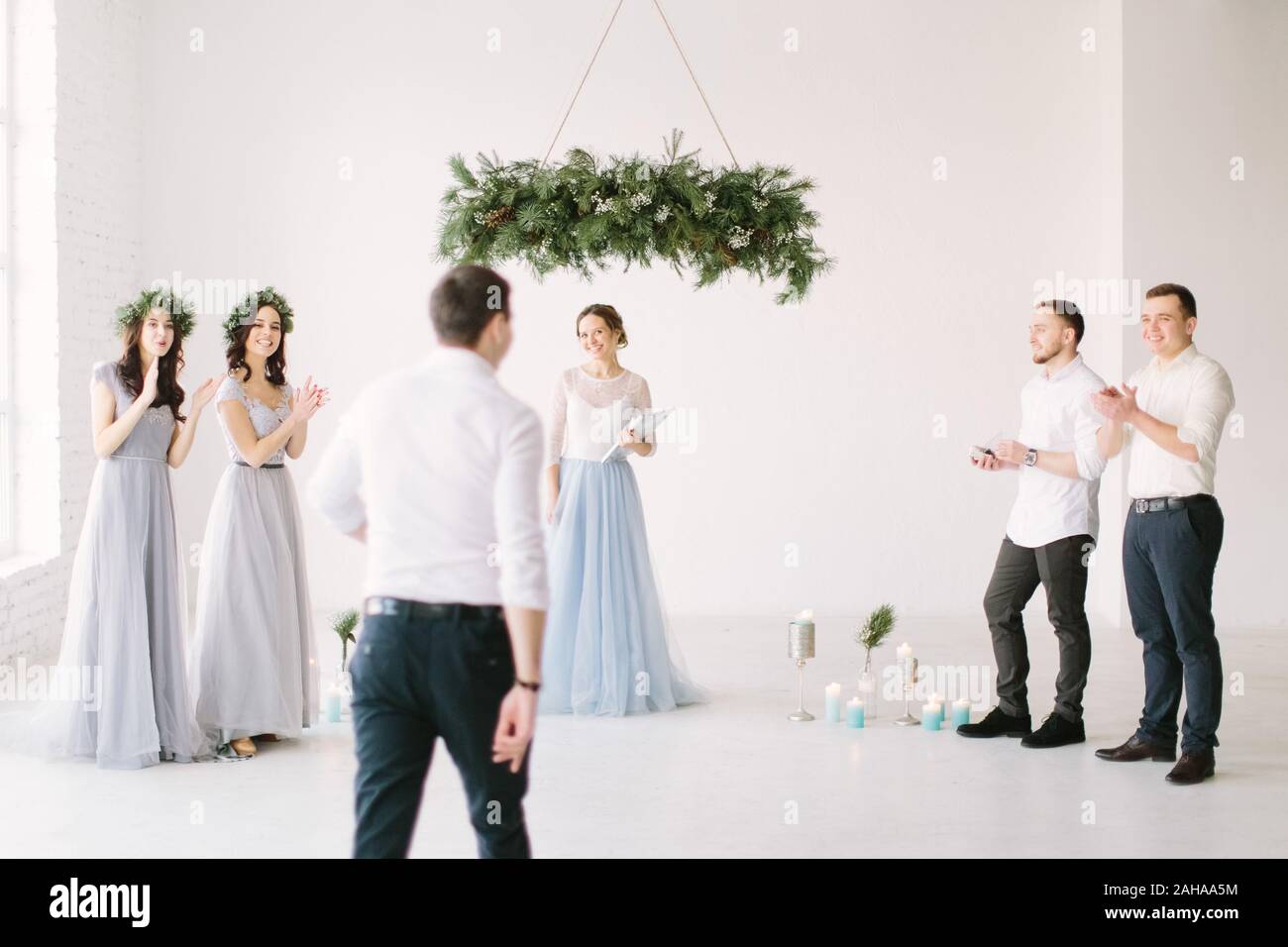 Master of ceremony speech on microphone background wedding couple stock