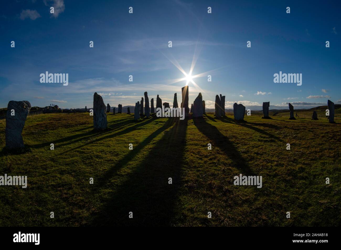 Sun and shadows cast by the Calanais Standing Stones, Isle of Lewis, Scotland Stock Photo