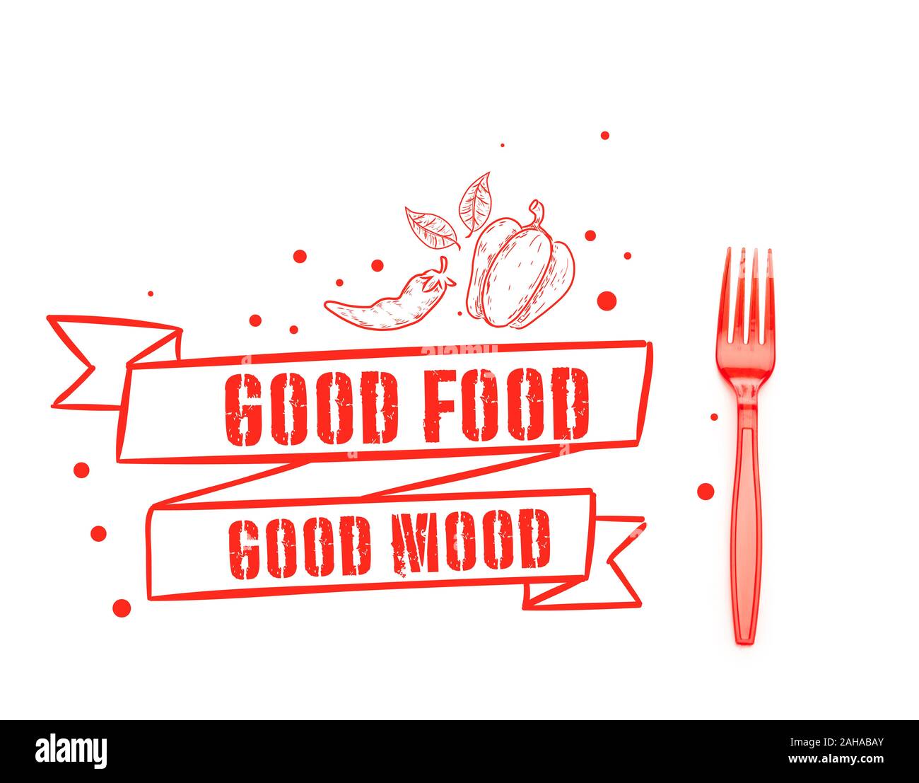 red plastic bright fork near good food good mood lettering isolated on white Stock Photo